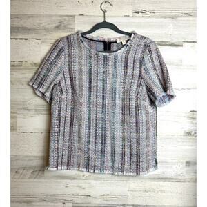 Etcetera Women’s Medium Multicolor Twill Short Sleeve Boho Fringe Top Shirt Suit